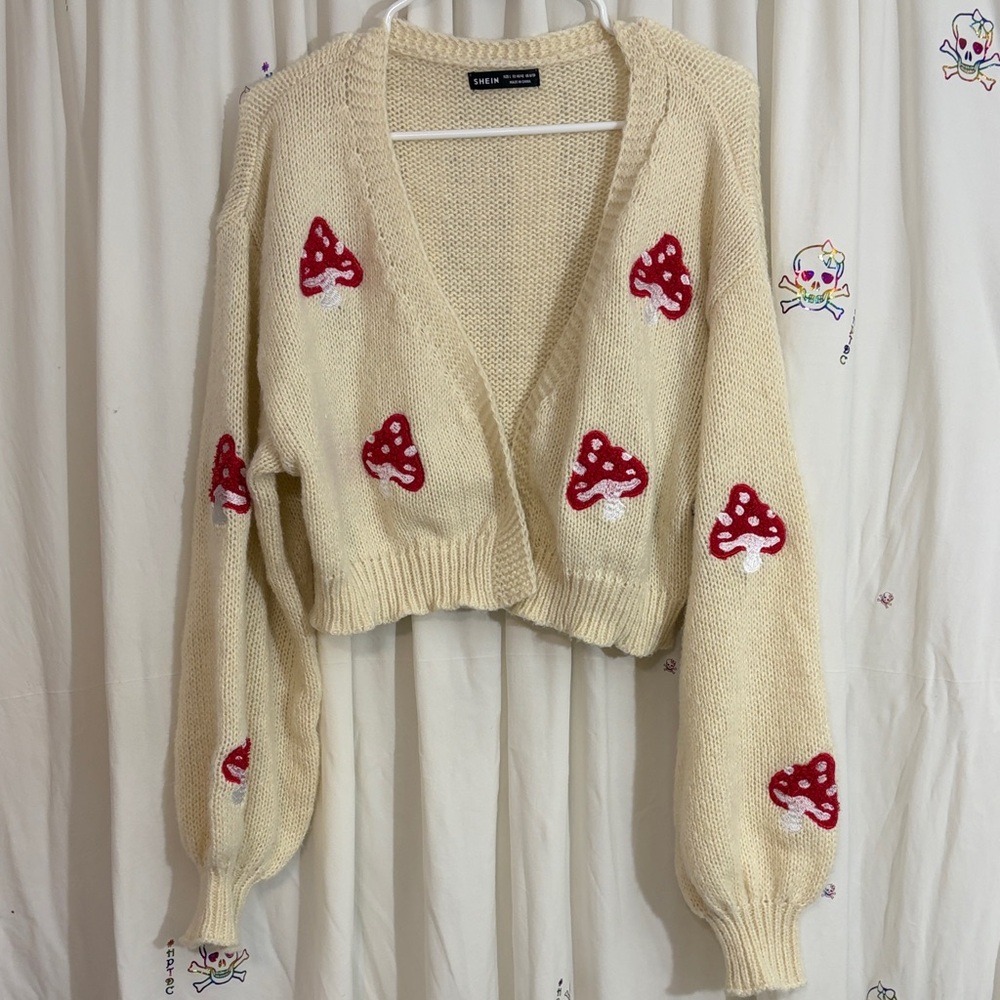 SHEIN Cream Cropped Cardigan with Red Mushroom Appliqués